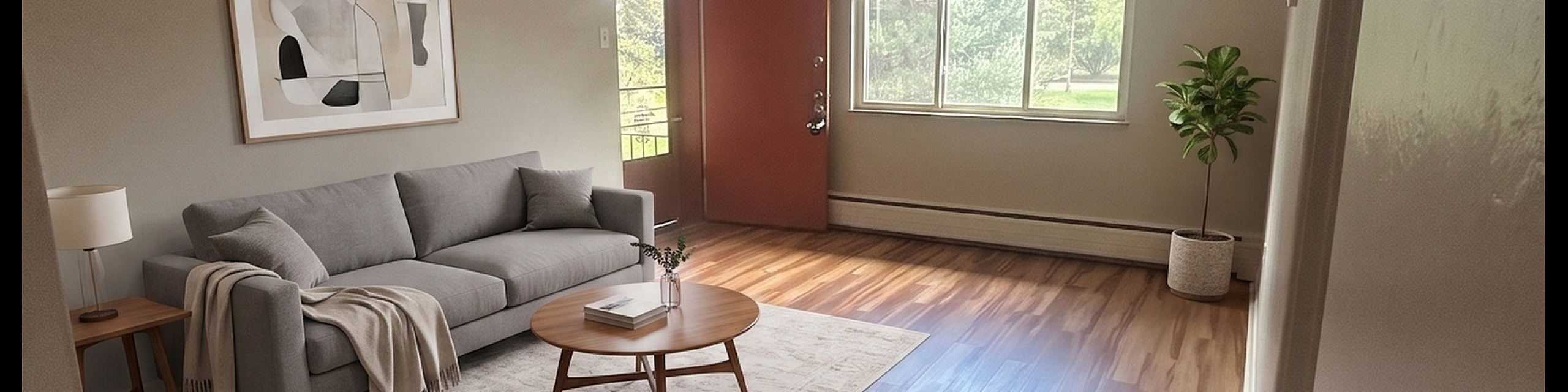 Chic living room with warm wood flooring, cozy gray sofa, stylish decor, and abundant natural light.