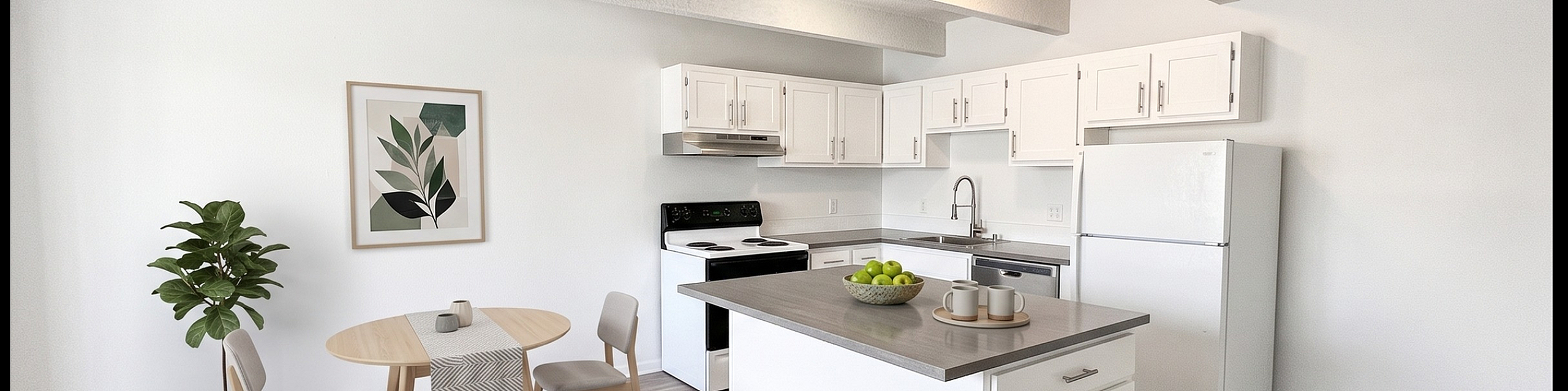 Bright and modern kitchen with sleek white cabinets, a central island, and cozy dining area. Perfect for entertaining.