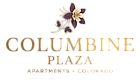 Elegant logo for Columbine Plaza Apartments in Colorado, featuring a stylized purple and beige flower design.