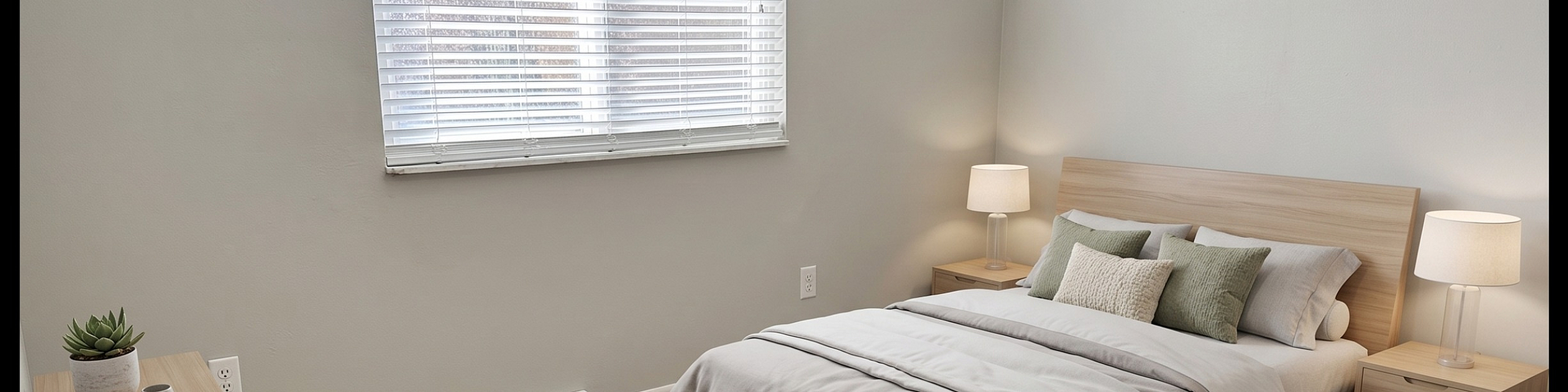 Cozy and bright bedroom with a large window, featuring a stylish bed, soft carpeting, and modern wooden furniture for a comfortable living experience.