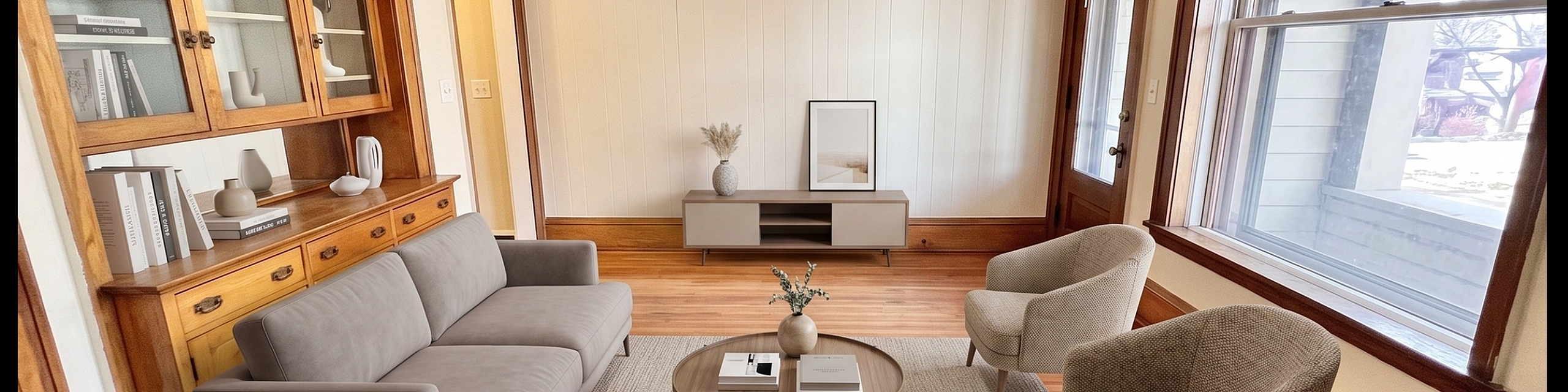 Elegant living room with modern gray sofa, cozy armchairs, and large windows for abundant natural light.