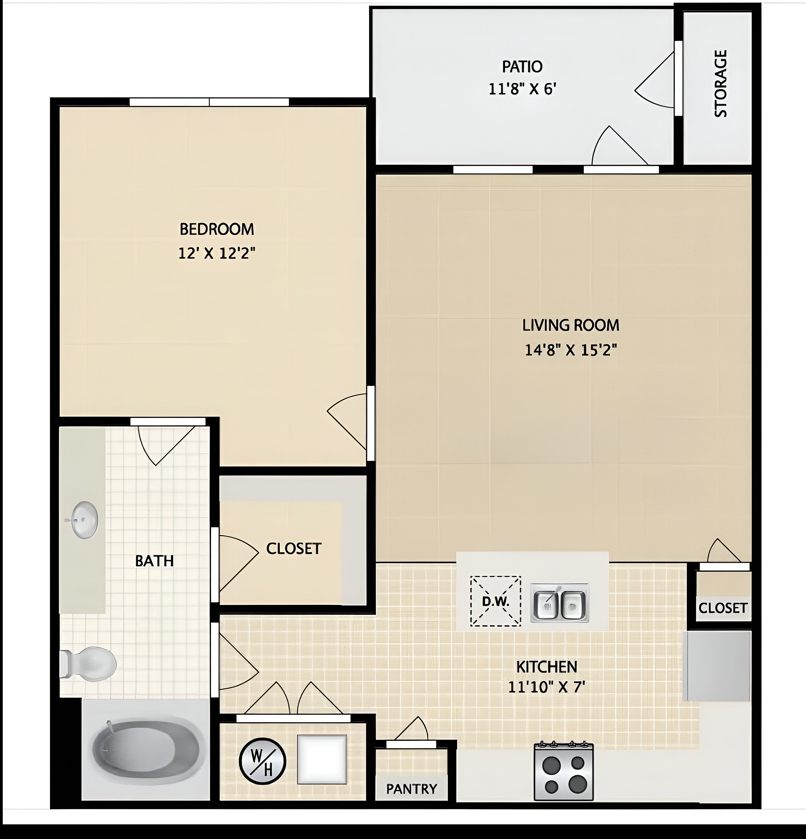 Modern 1-bedroom floor plan featuring a spacious living room, well-appointed kitchen, bathroom, generous closets, a cozy patio with storage, and in-unit washer/dryer setup.
