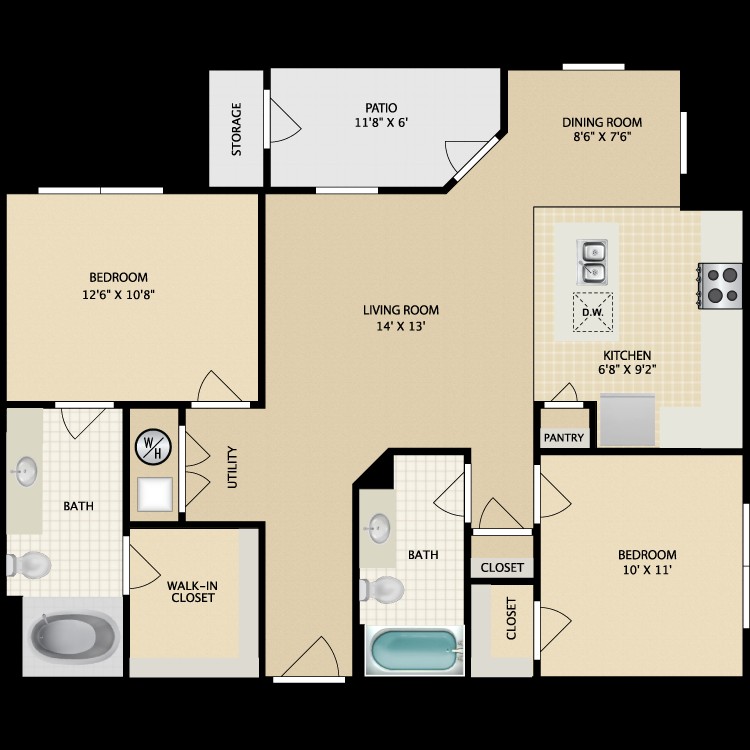 Spacious floor plan featuring 2 bedrooms, 2 bathrooms, an inviting living room, and a modern kitchen with a pantry, plus a cozy patio.