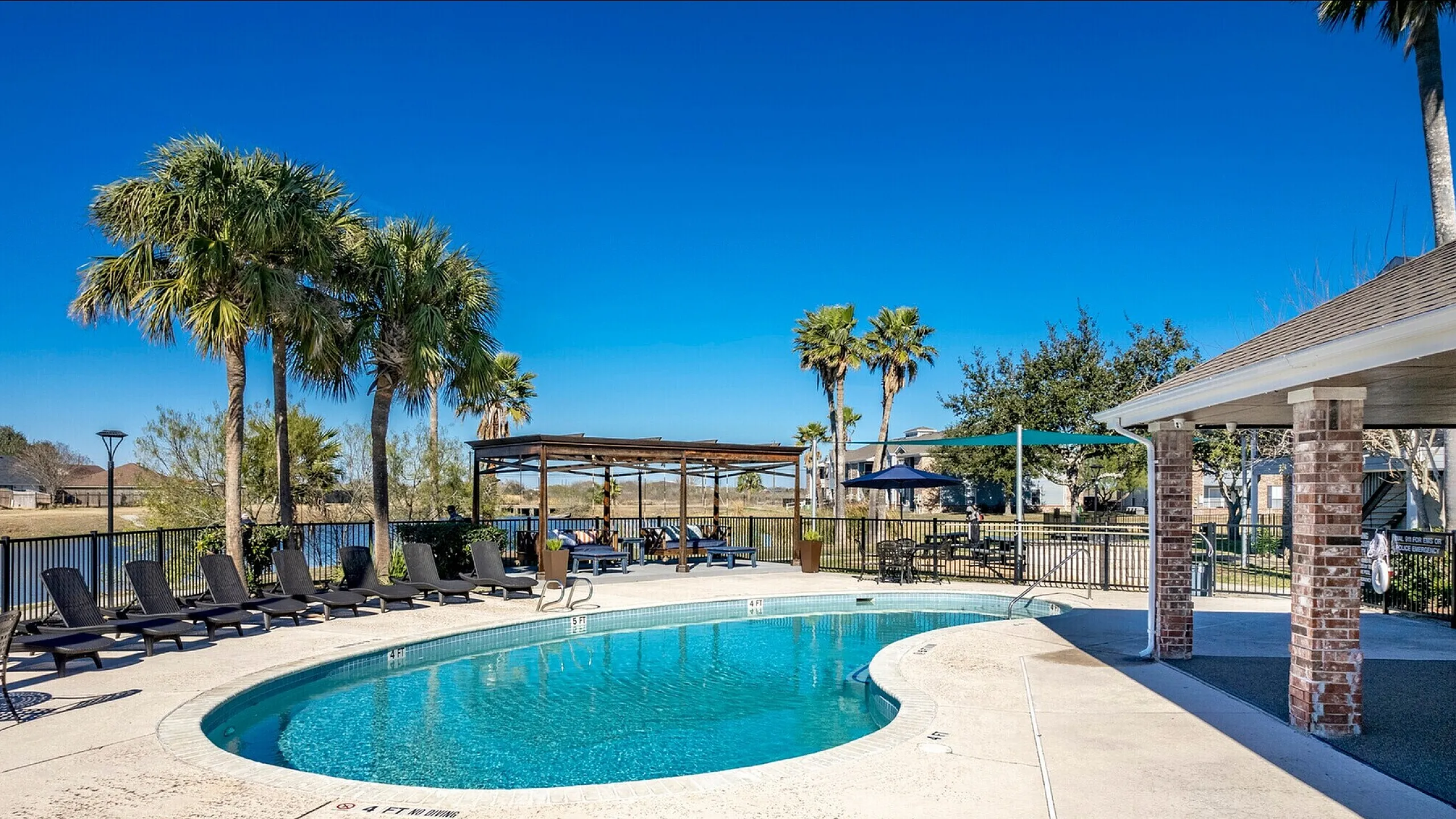 Gorgeous outdoor pool area with lush palm trees and inviting lounge chairs under a clear blue sky.