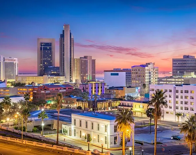 Vibrant urban skyline at dusk with modern architecture and palm trees, offering a perfect blend of city living and coastal sunset views.