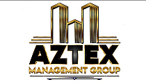 Elegant Aztex Management Group logo featuring bold gold and black colors with towering building elements.