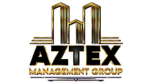 Elegant Aztex Management Group logo with gold skyscrapers and bold lettering.