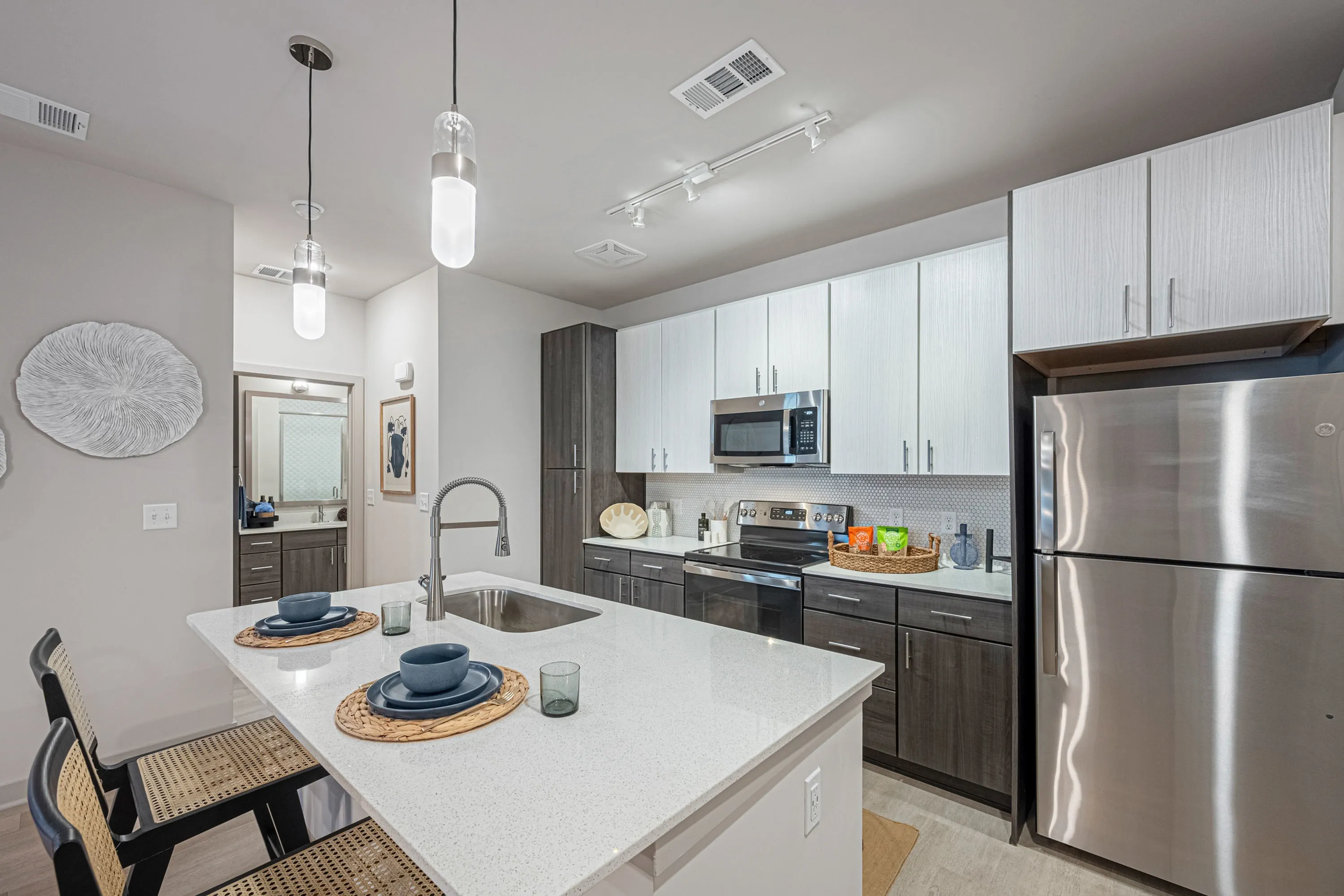 Furnished kitchen with large island
