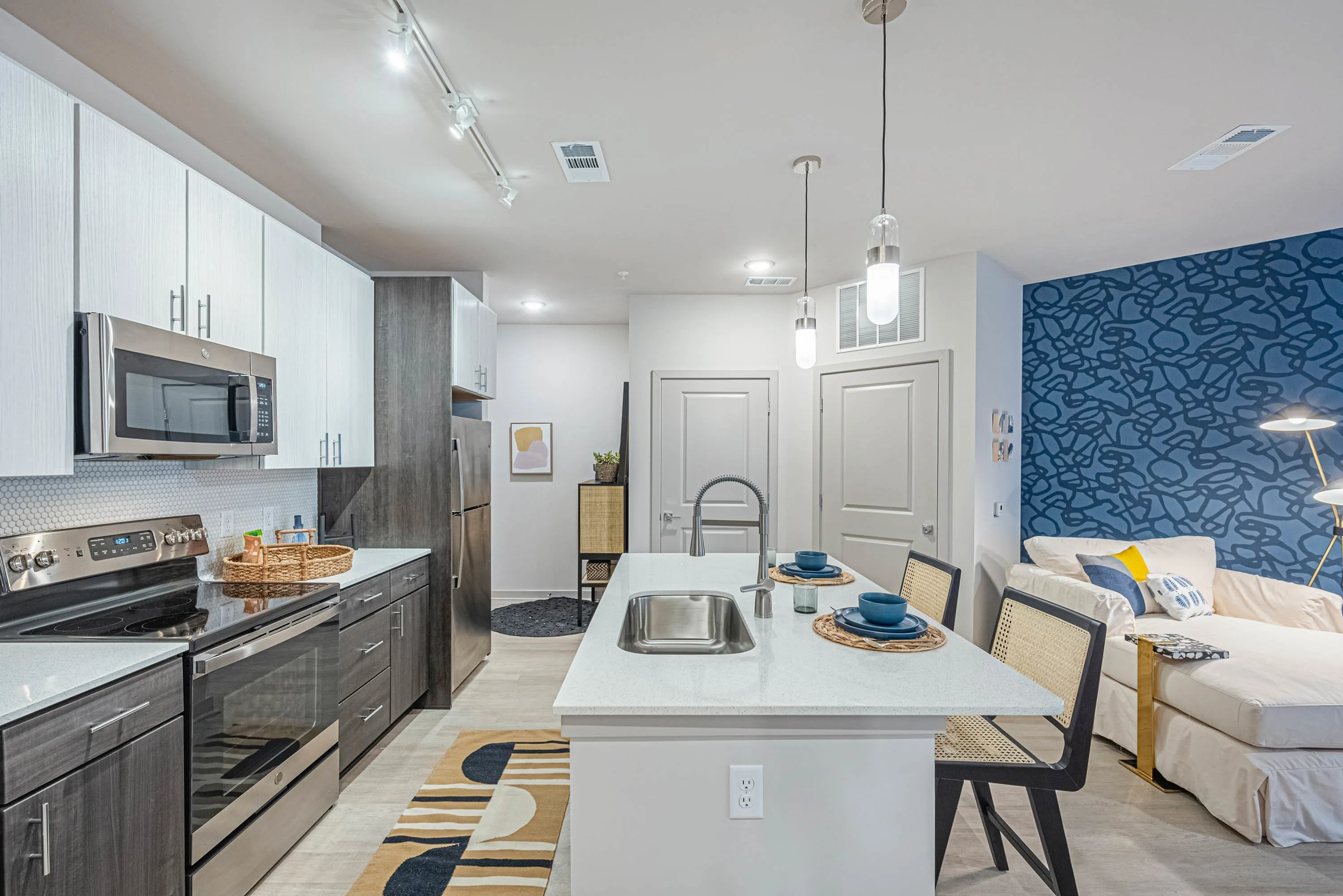 Furnished kitchen with large island