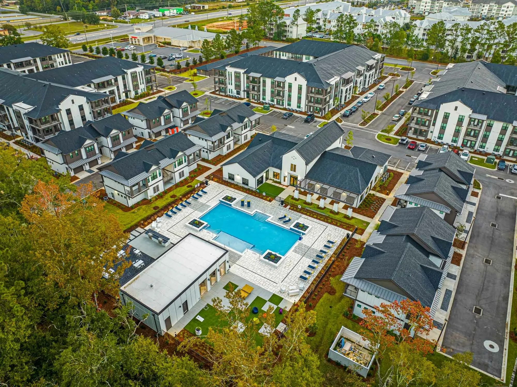 Aerial view of commuity and pool