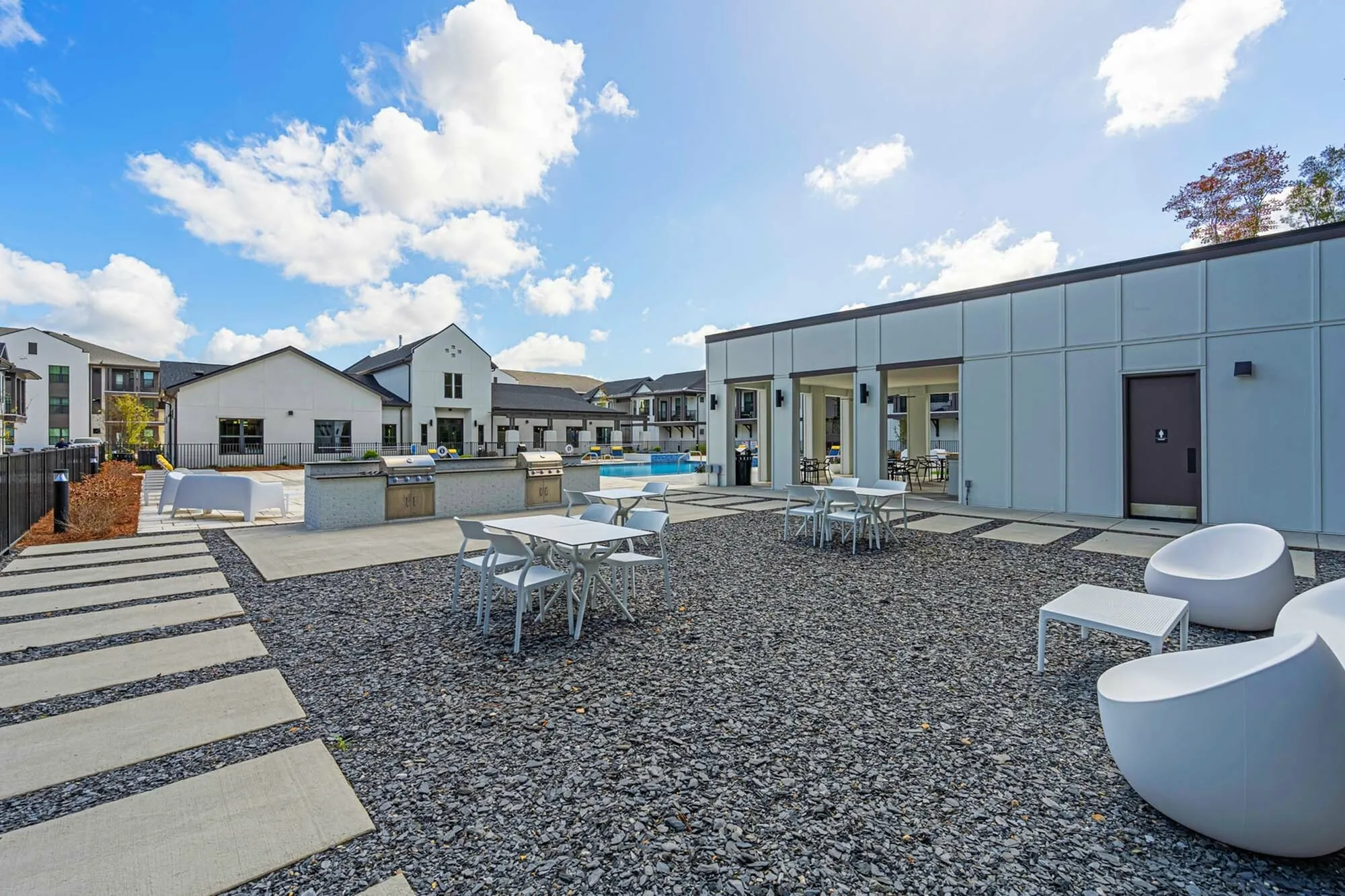 Outdoor picnic area with tables and chairs