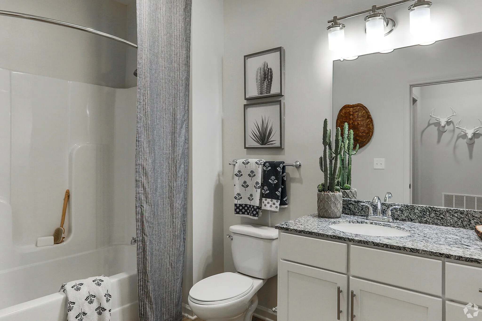 Sleek bathroom with modern fixtures, elegant granite countertop, and decorative touches.