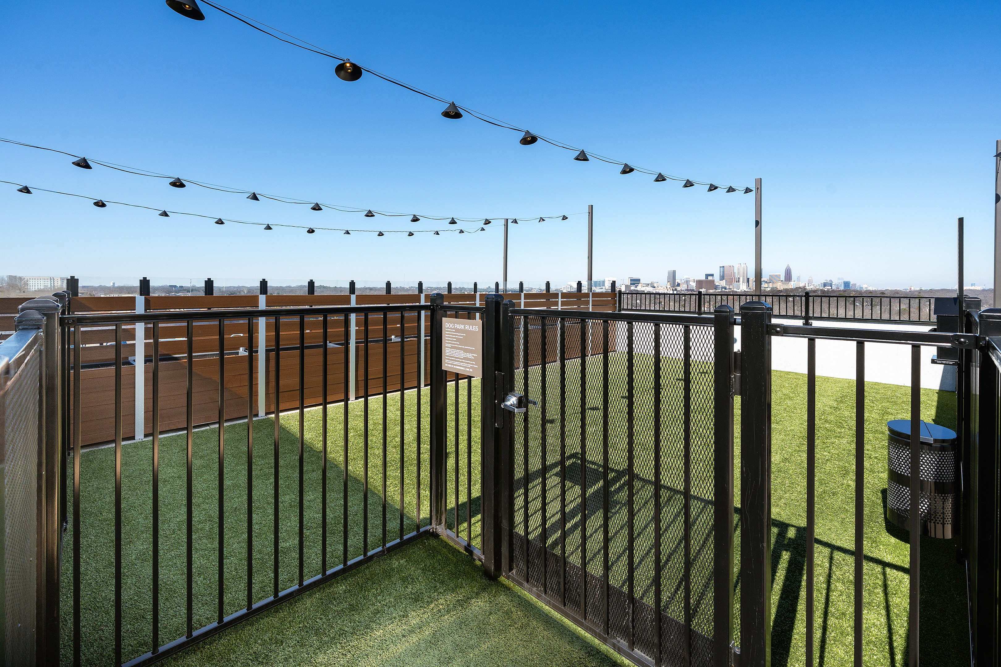 Vibrant rooftop dog park with city skyline views, featuring open play areas and a chic ambiance.