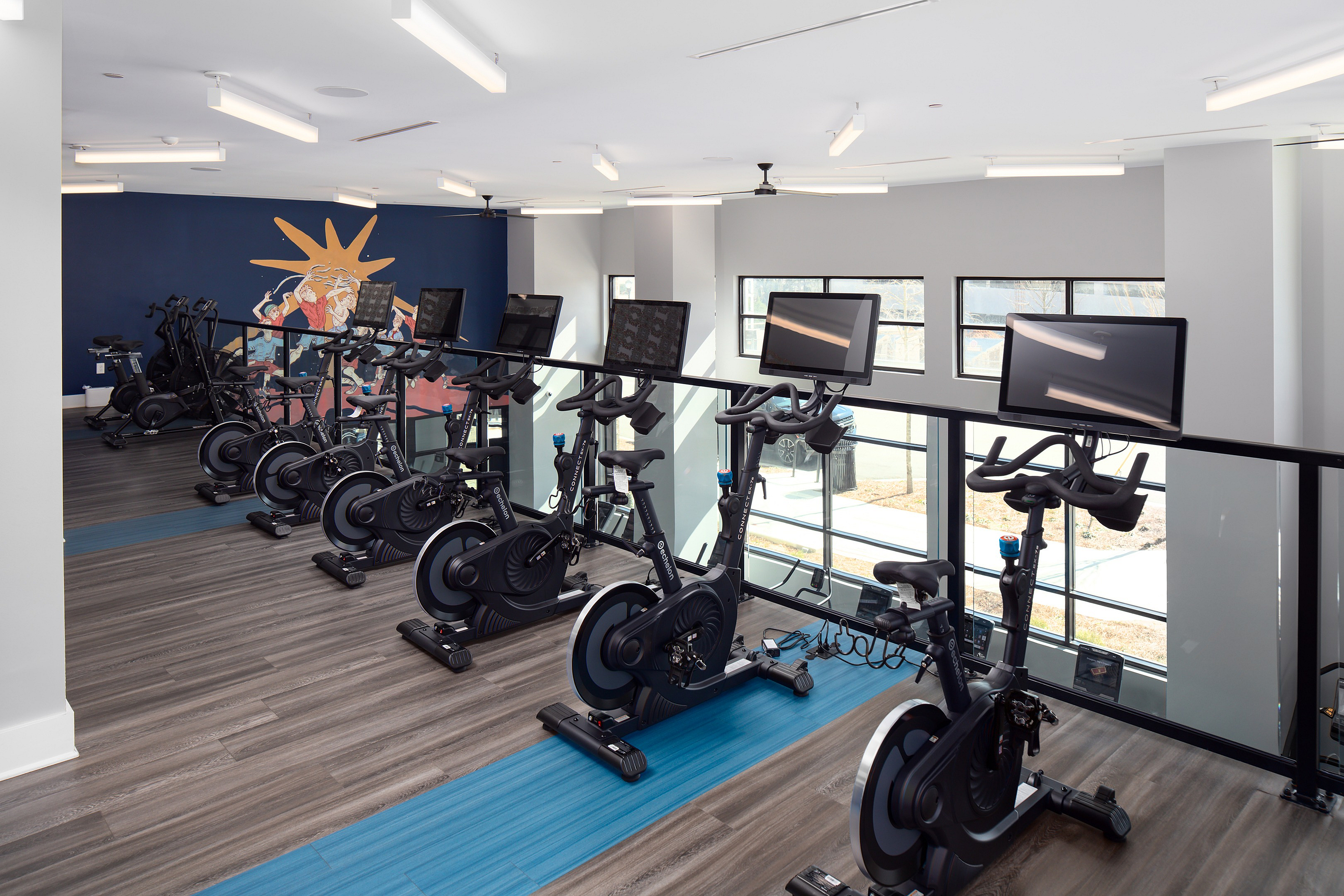 Modern gym with sleek exercise bikes featuring digital screens, vibrant artwork, and abundant natural light.