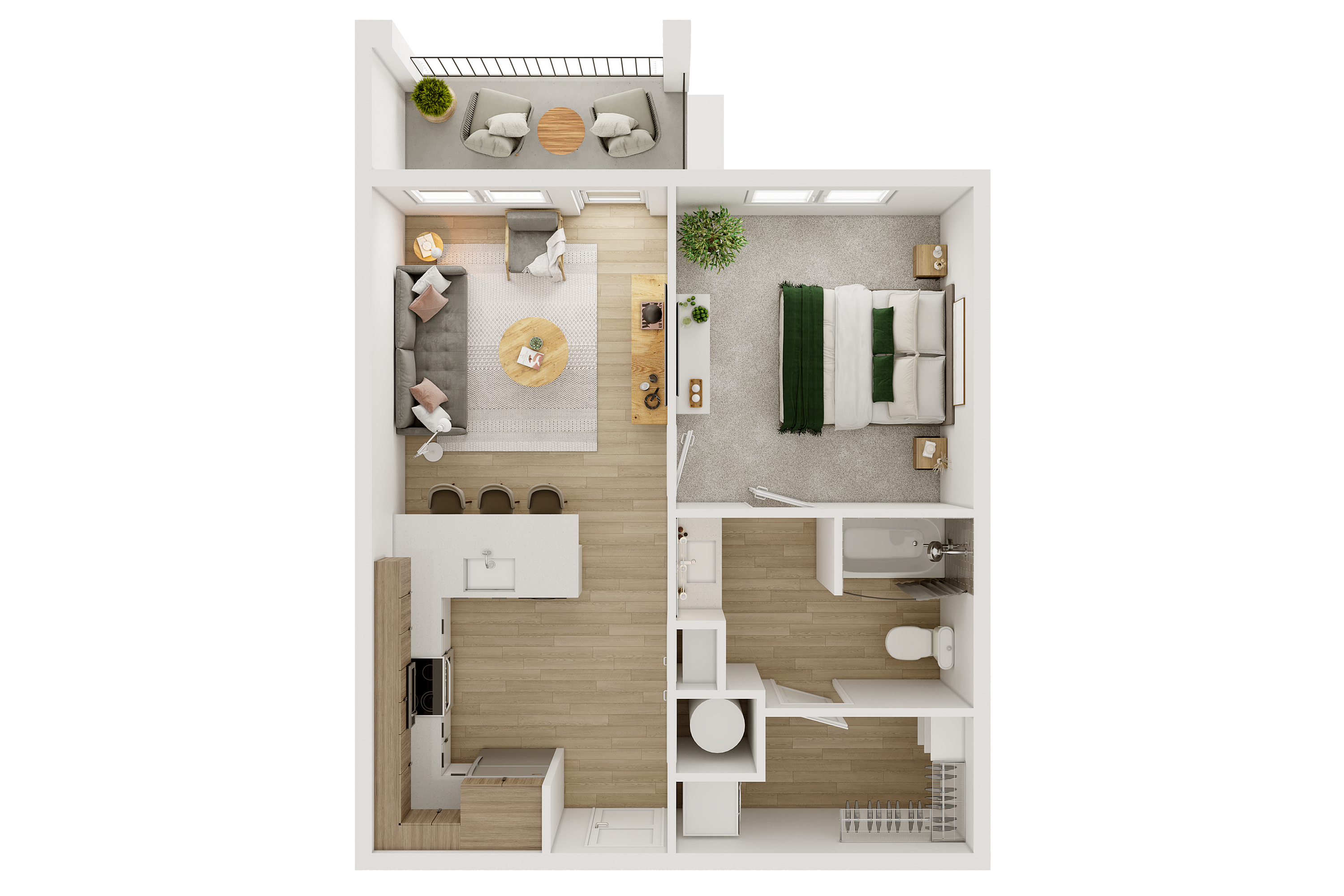 Floor plan of a modern 1-bedroom apartment with open living space and balcony