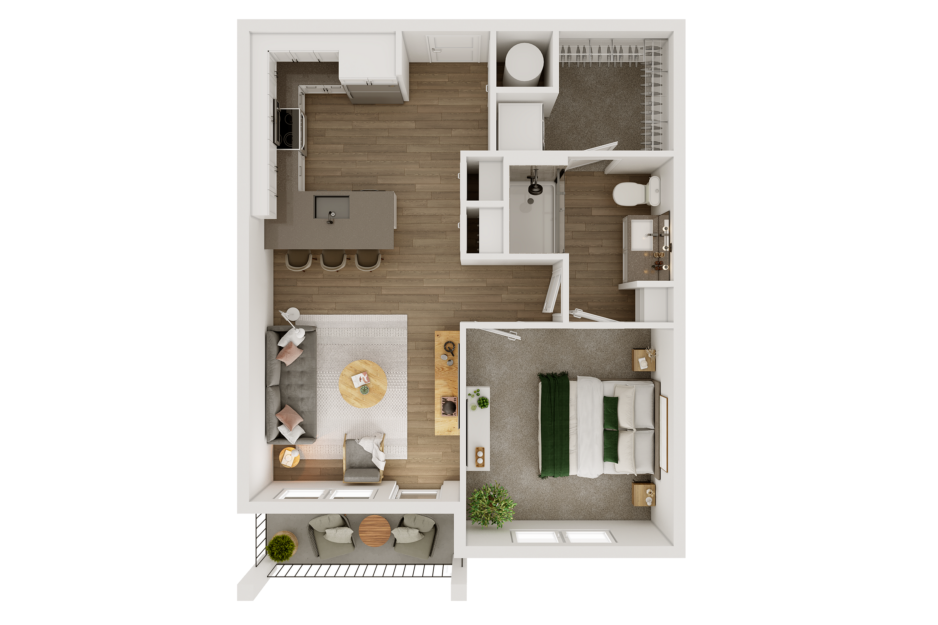 Modern floor plan depicting one-bedroom apartment with spacious kitchen, cozy living area, and private balcony.