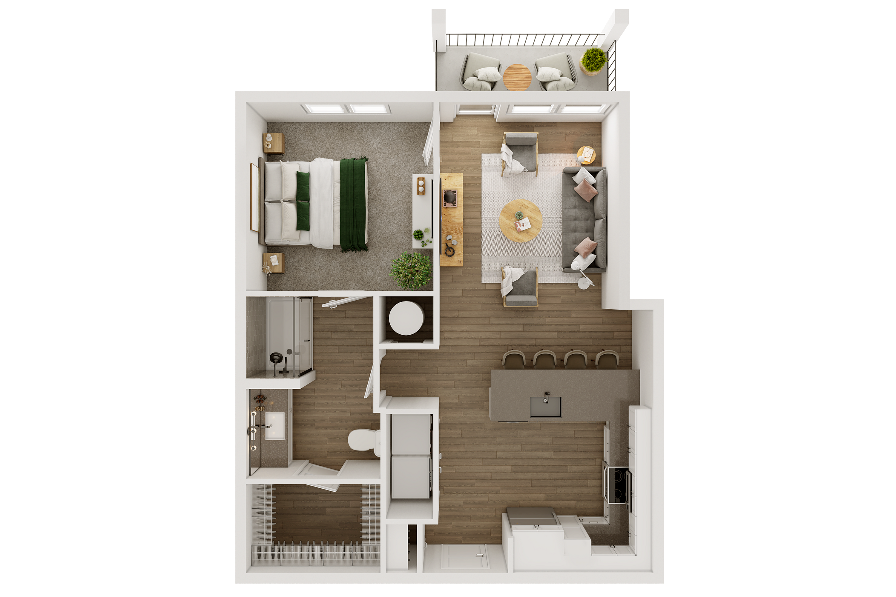 Top view of a stylish one-bedroom apartment floor plan with open living area, modern kitchen, sleek bathroom, and cozy balcony.