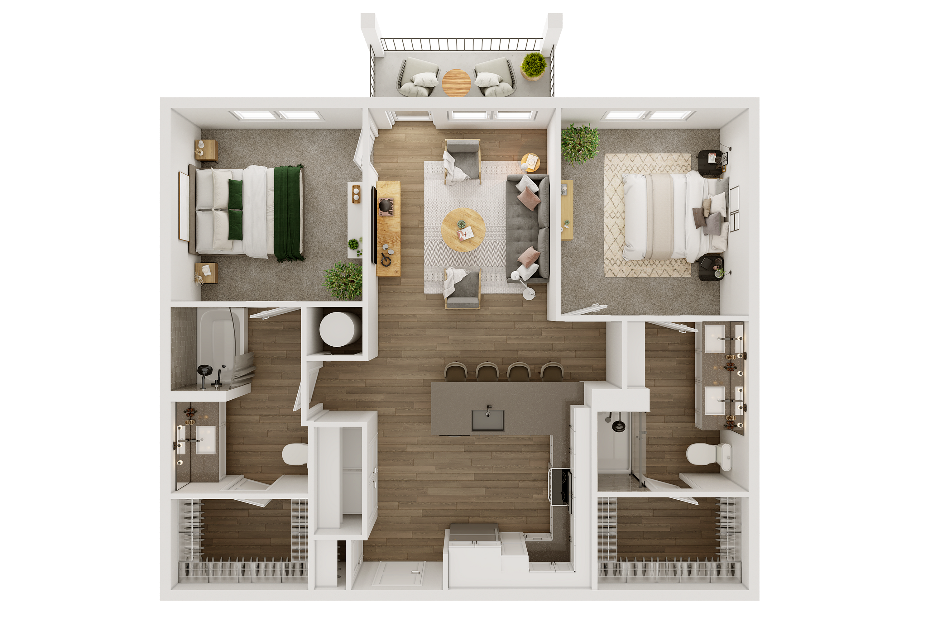 Contemporary floor plan featuring two bedrooms, spacious living room, kitchen island, and balcony.