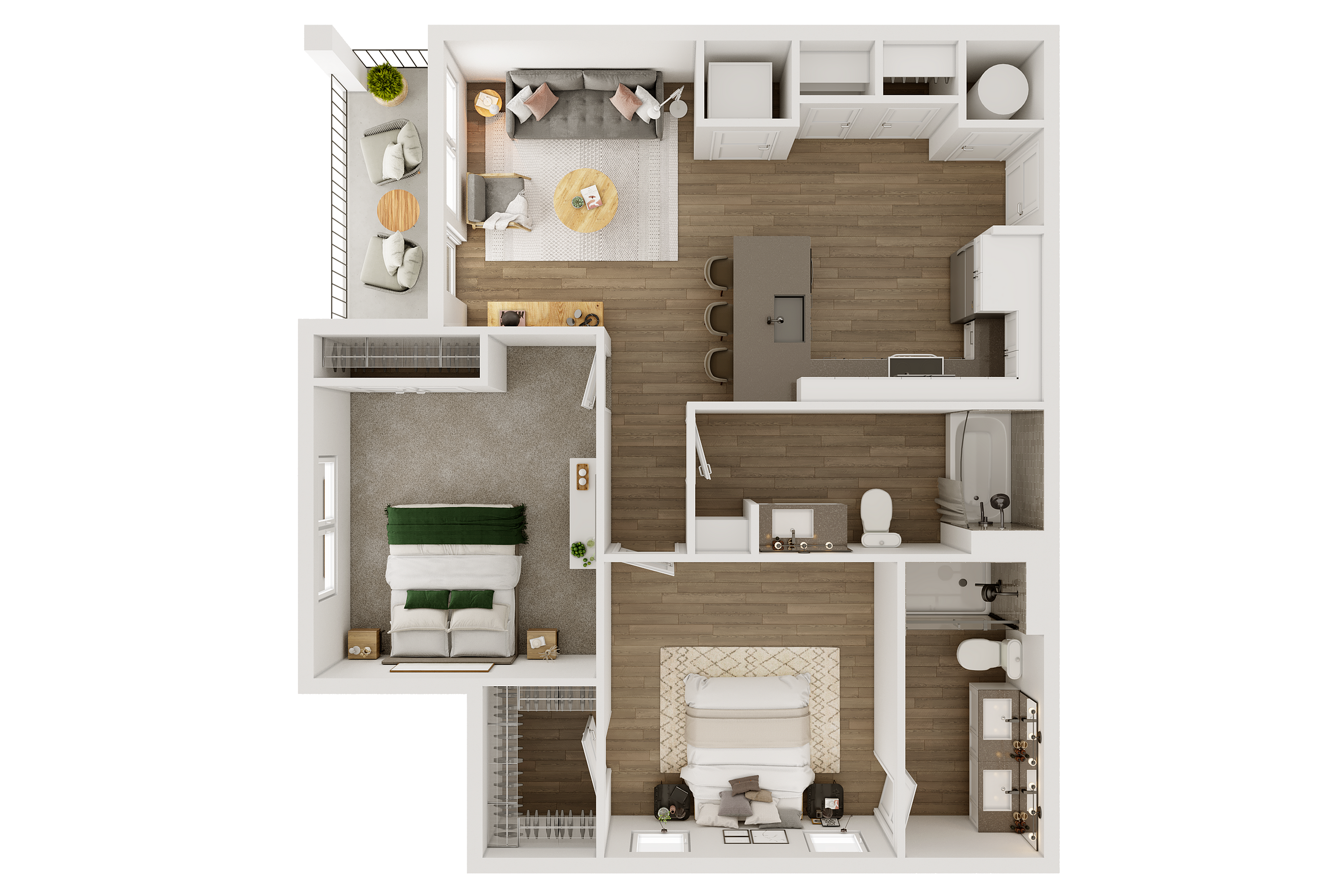 Modern floor plan of a luxury apartment featuring two bedrooms, a spacious kitchen, living area, and balcony