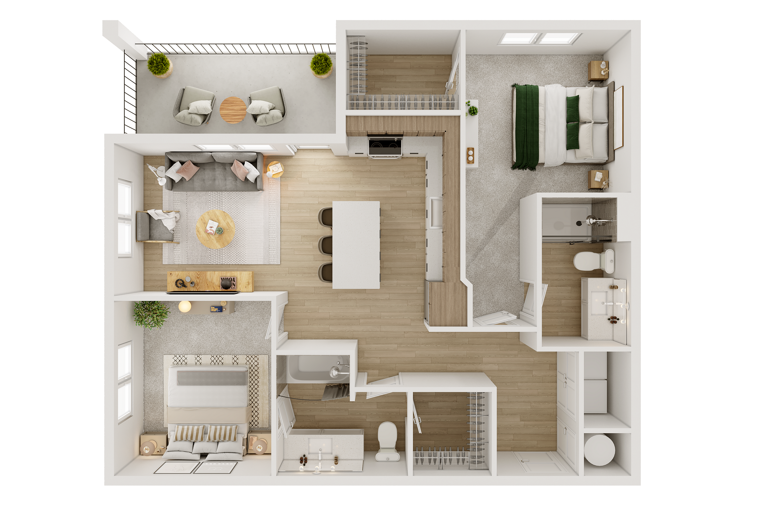 Contemporary two-bedroom apartment floor plan with open living area and outdoor balcony.