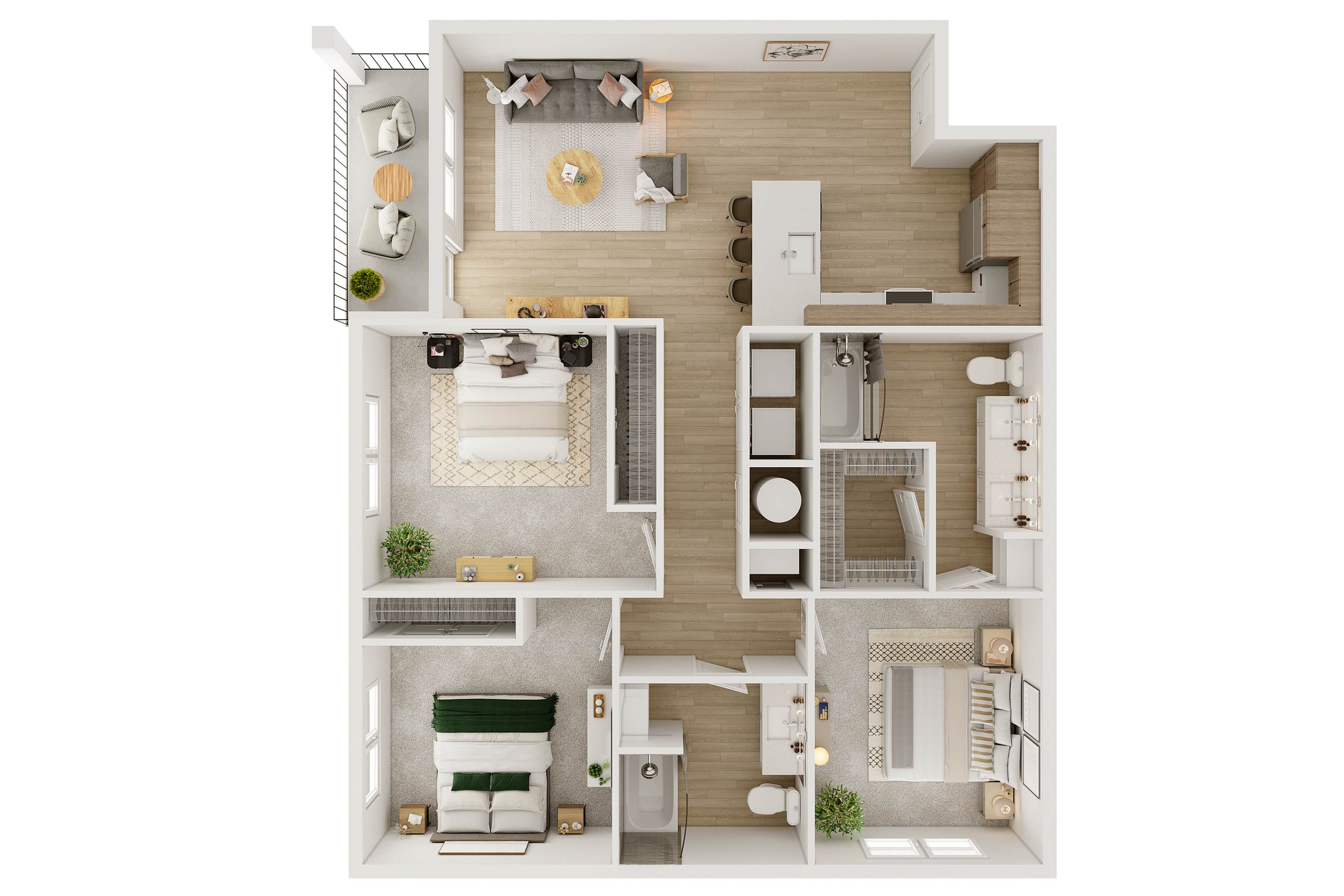 Modern floor plan for a luxurious two-bedroom, two-bath apartment featuring an open-concept living area, sleek kitchen, and private balcony.