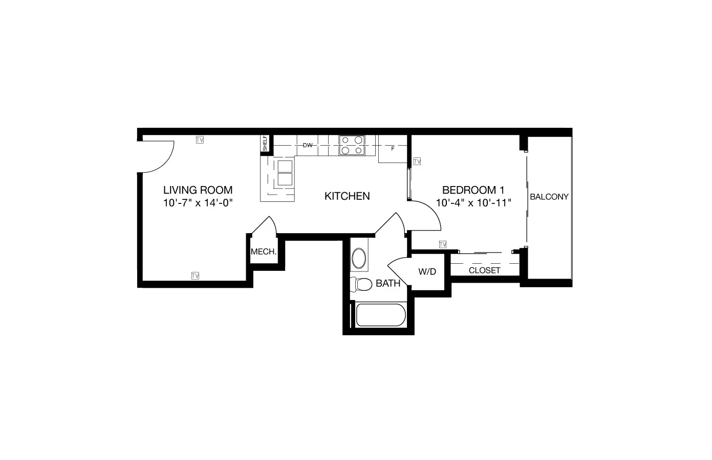 Modern apartment floor plan with one bedroom, spacious living room, kitchen, and balcony.