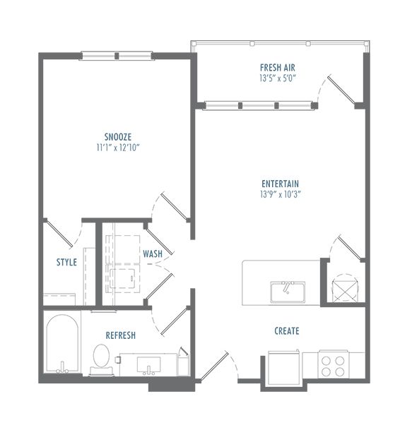 Modern floor plan with 1 bedroom, open kitchen, living area, and balcony space.
