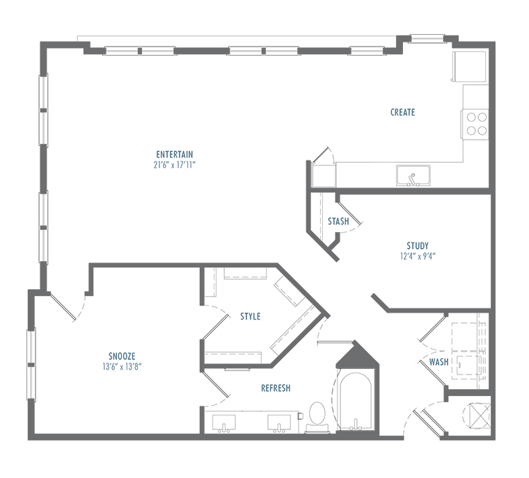Modern floor plan featuring an open-concept living area, kitchen, study, and a spacious bedroom.