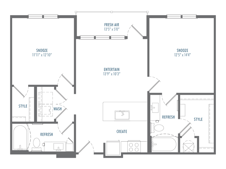Chic floor plan with 2 bedrooms, stylish bathrooms, and a modern kitchen near spacious living area.