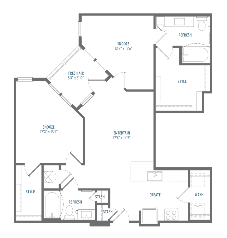 Inviting 2D floor plan with two bedrooms, a versatile entertaining space, and a modern kitchen.