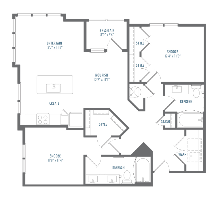 Contemporary floor plan with 3 bedrooms, large living area, and modern kitchen.