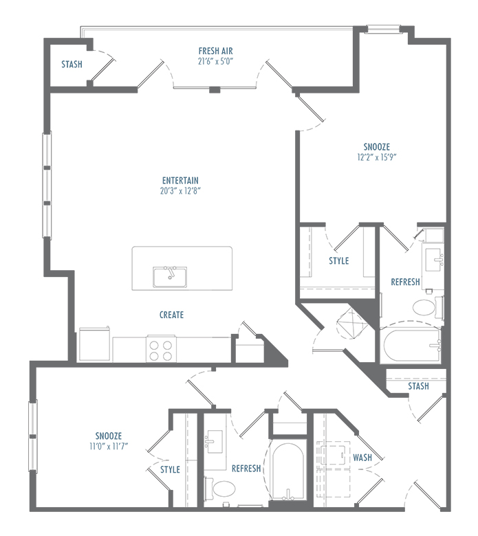 Modern floor plan showing 2 bedrooms, open living area, kitchen, and two bathrooms.