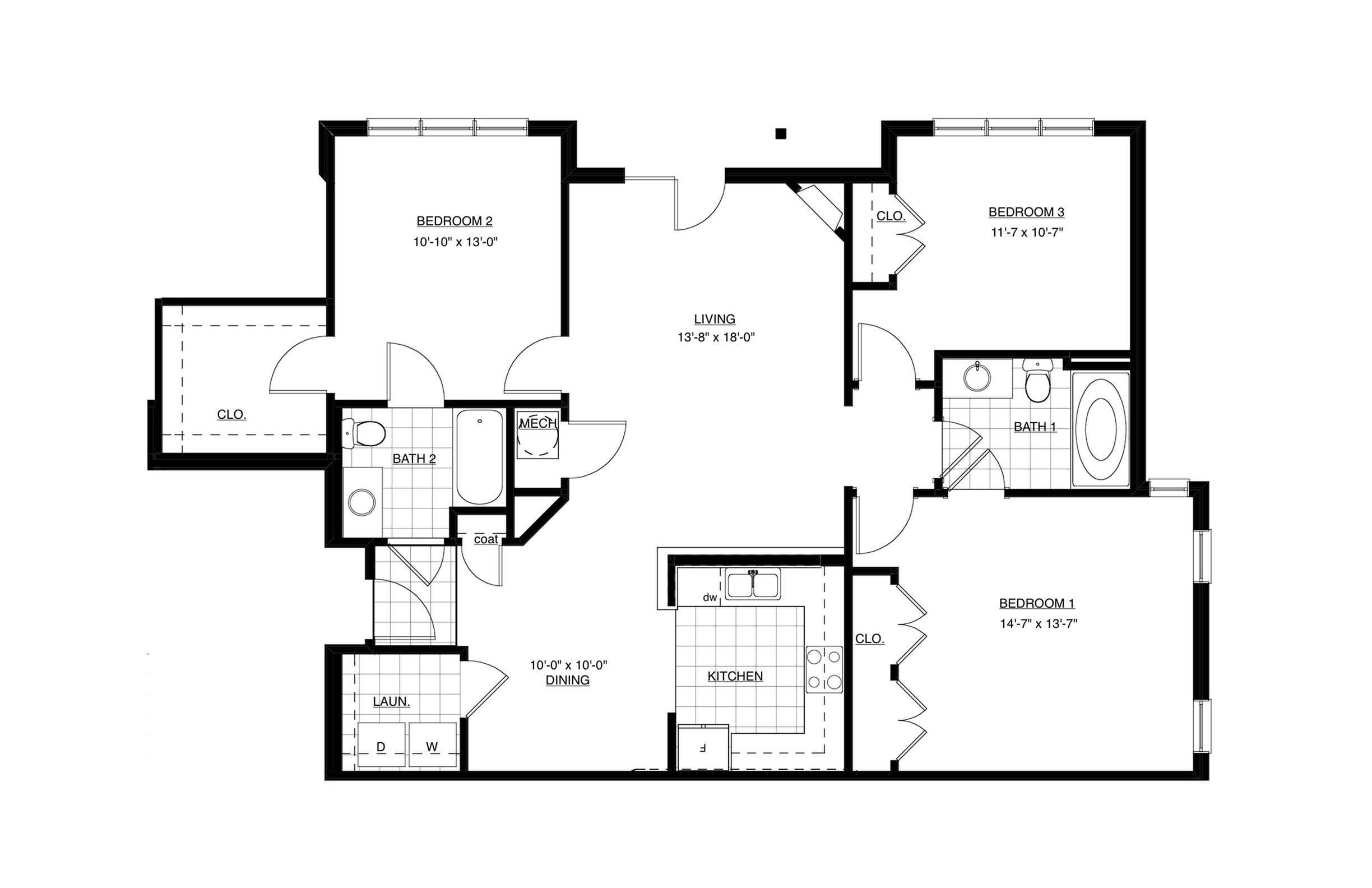 Elegant 2D floor plan featuring 3 bedrooms, modern kitchen, open living area, and 2 bathrooms.