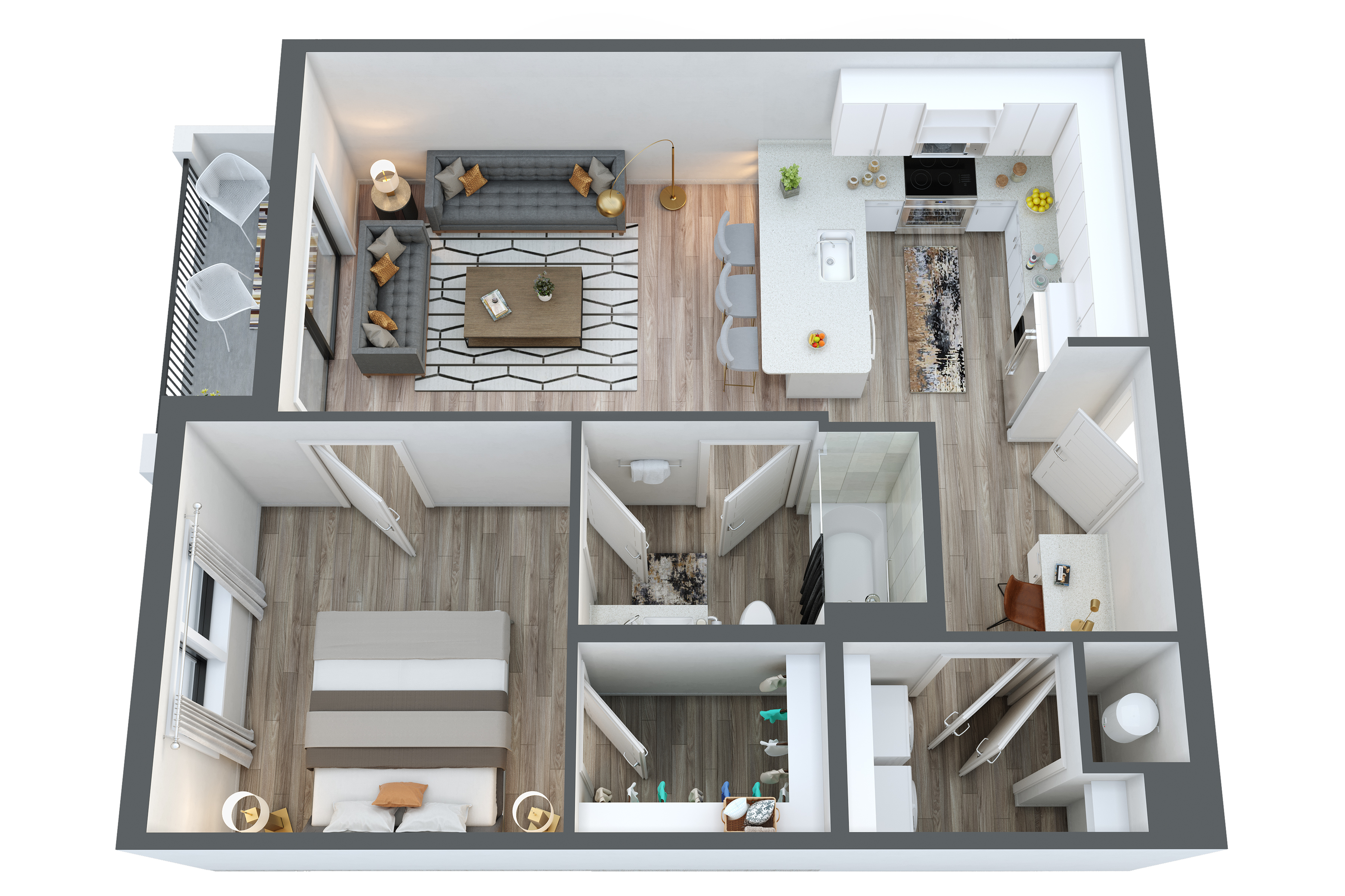 Modern floor plan showcasing a chic 2-bedroom apartment with an open living area, stylish kitchen island, and private balcony.
