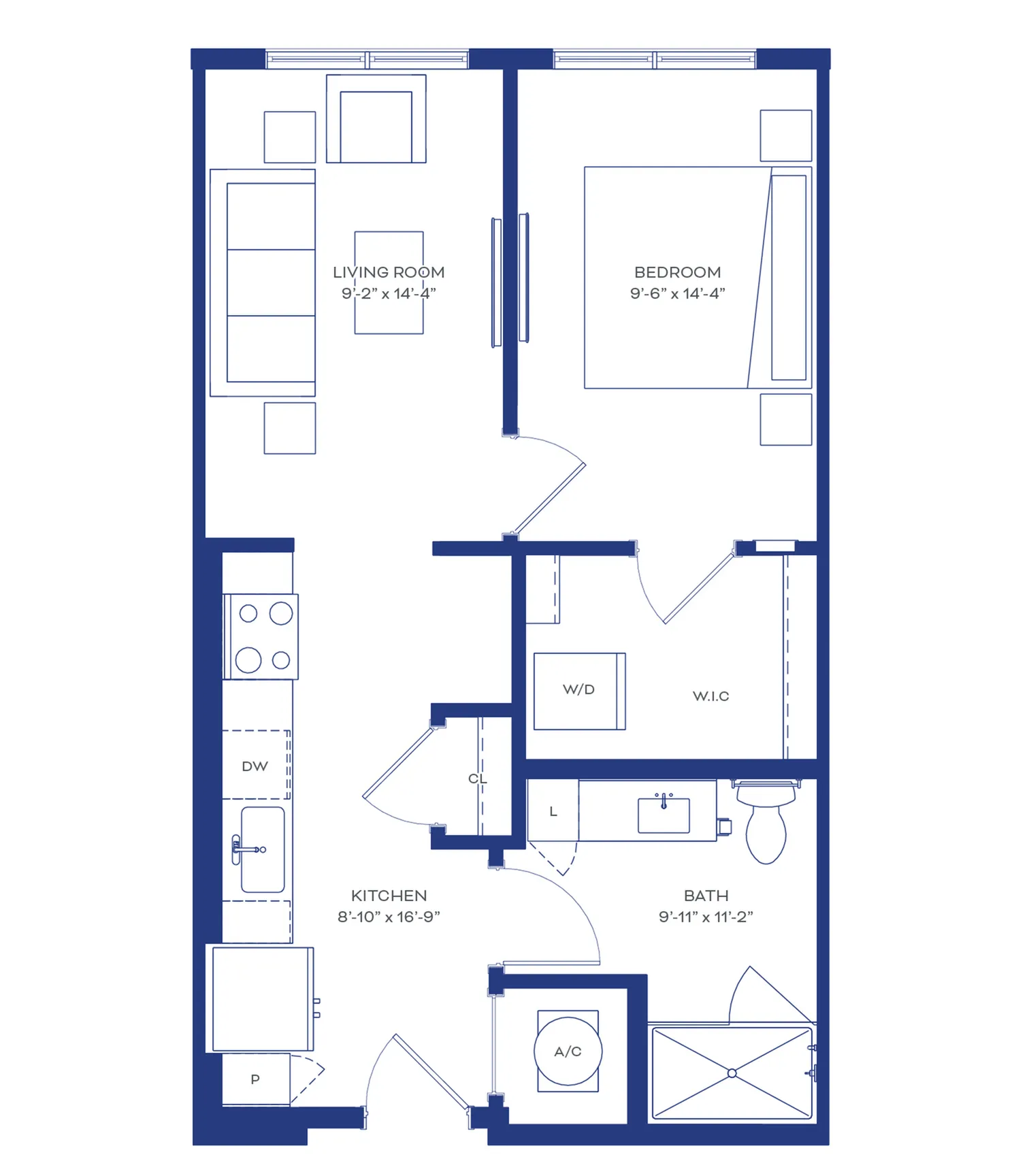 Modern floor plan showcasing a cozy one-bedroom apartment with a spacious living room, efficient kitchen, walk-in closet, and a well-appointed bathroom.