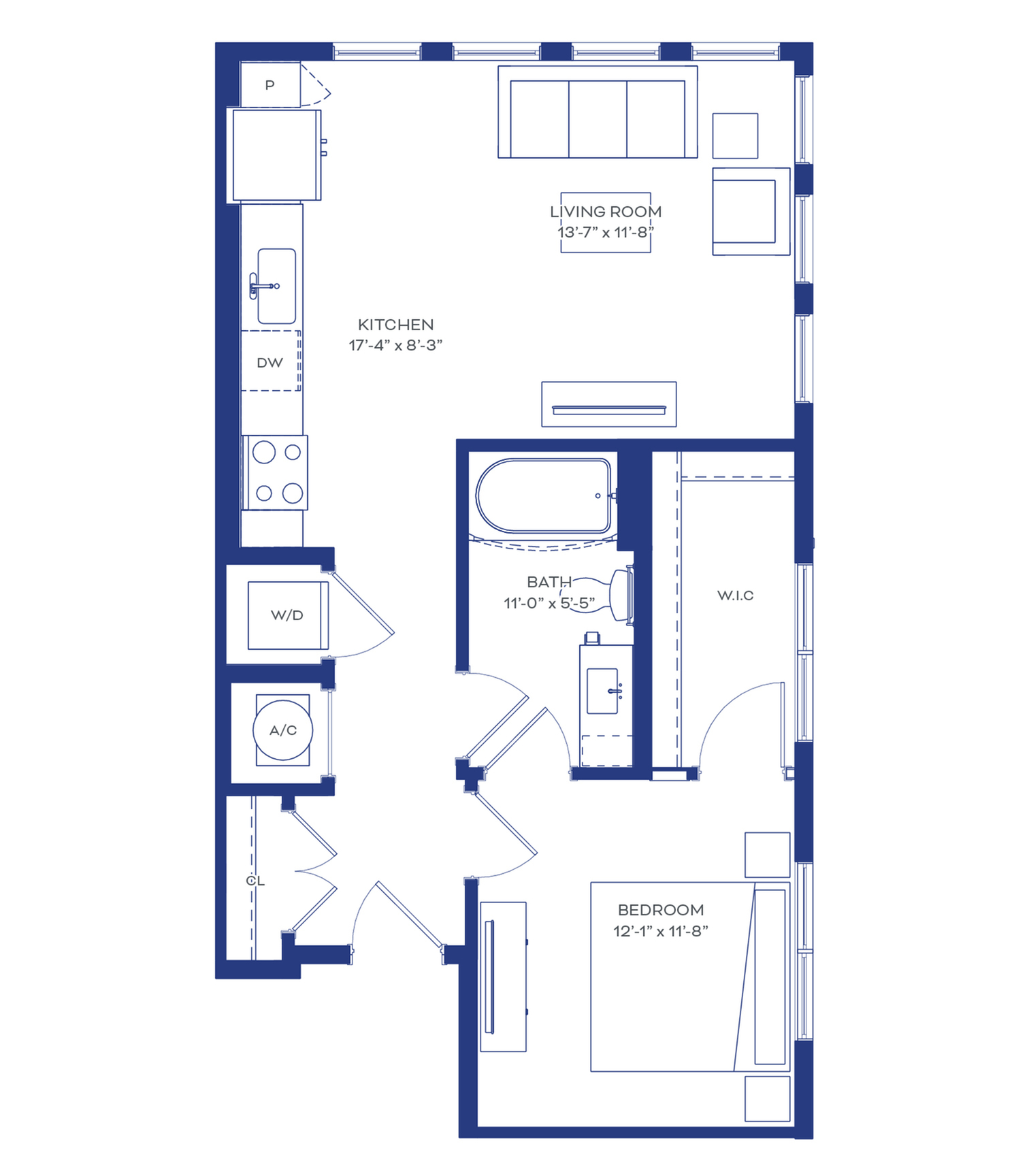 Elegant floor plan showcasing a spacious one-bedroom layout with an open kitchen, inviting living room, full bathroom, and convenient walk-in closet.