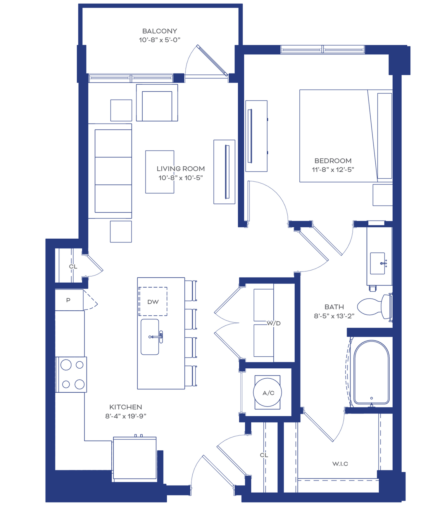 Contemporary floor plan showcasing a 1-bedroom apartment with an open-concept kitchen and living room, private balcony, and spacious bathroom.
