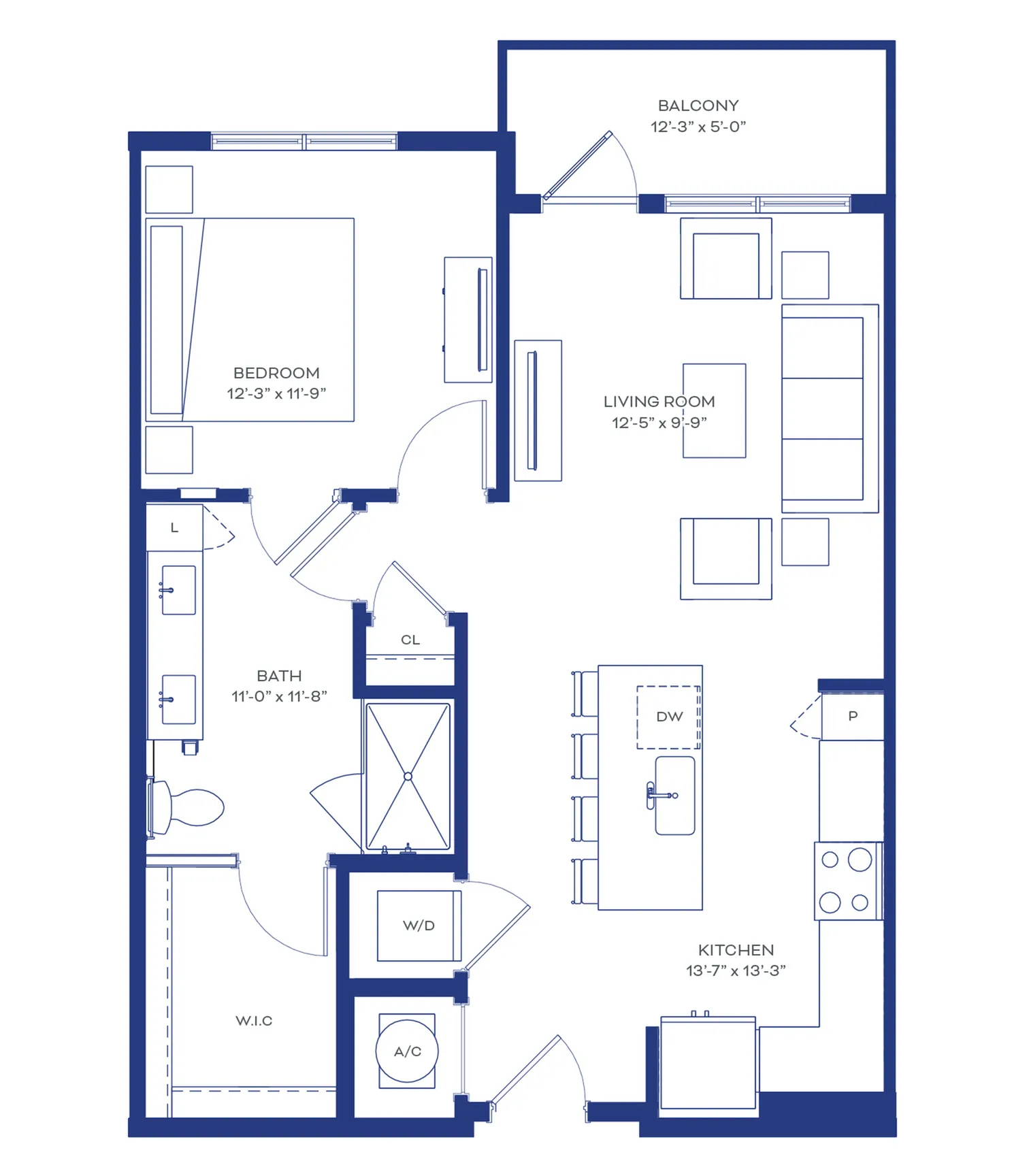 Modern floor plan featuring one-bedroom, spacious living room, open kitchen with island, and a cozy balcony.