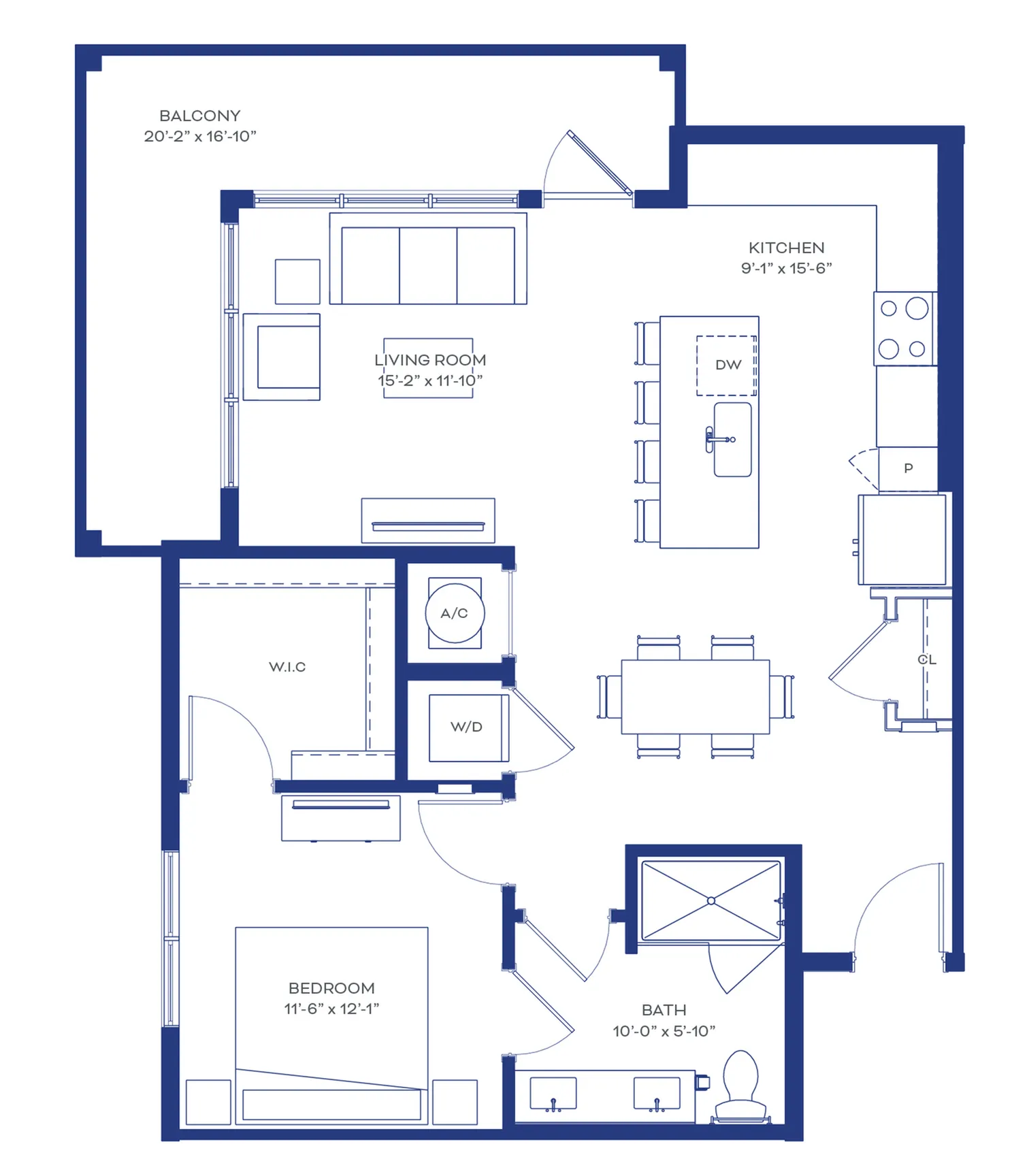 Contemporary 1 bedroom floor plan featuring an open-concept kitchen, expansive living room, and spacious balcony.
