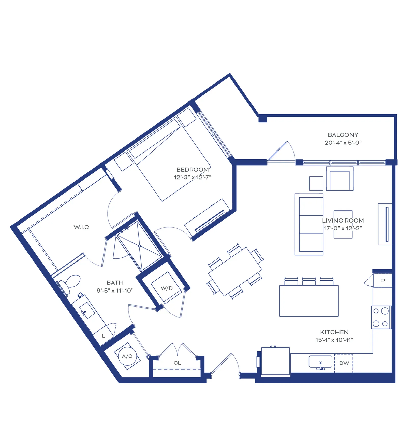 Modern floor plan showcasing a spacious 1-bedroom apartment with a large living room, open kitchen, generous balcony, and a luxurious bathroom with walk-in closet.