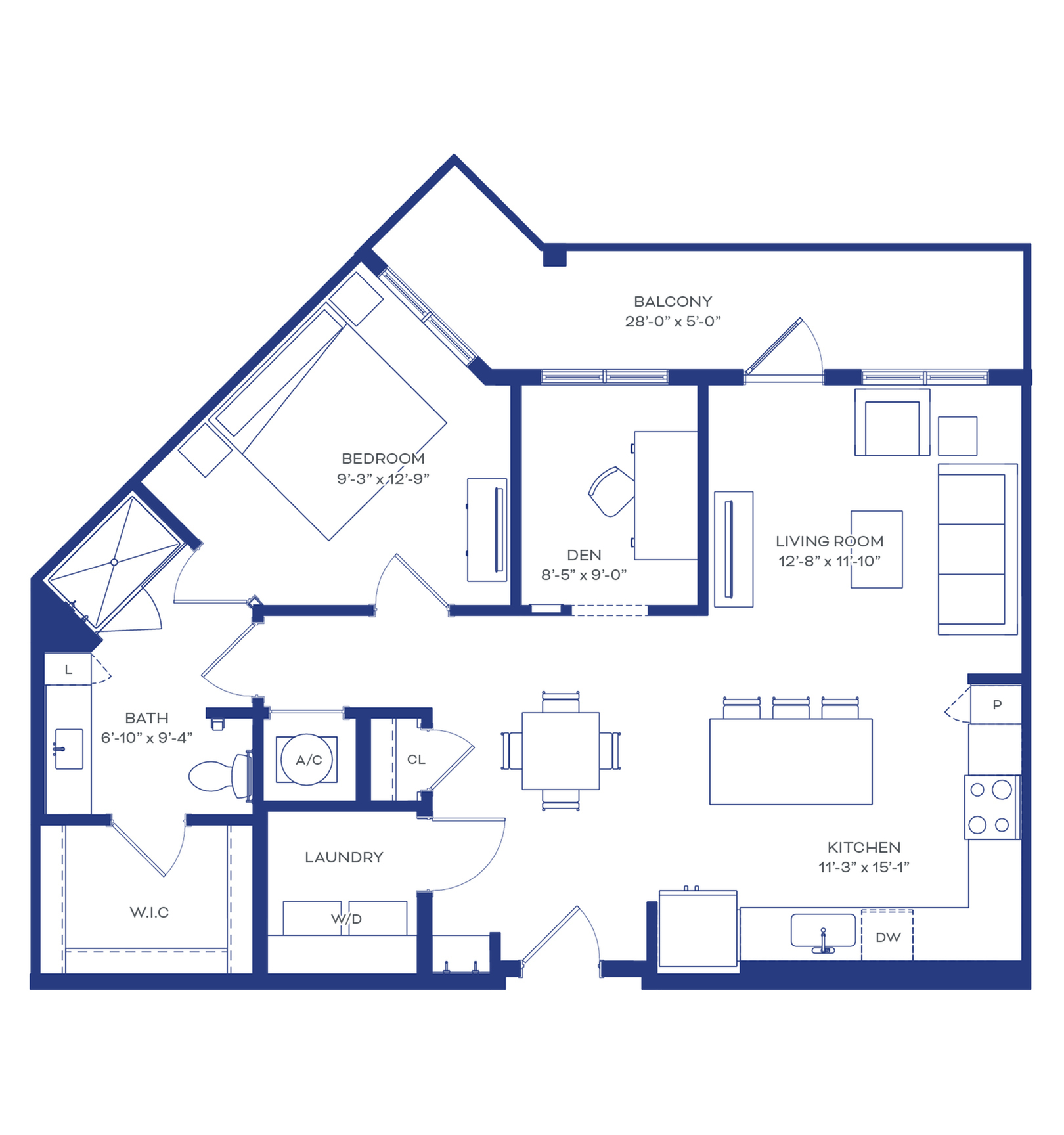 Elegant floor plan showcasing a spacious family apartment with 1 bedroom, cozy den, expansive living room, modern kitchen, and a charming balcony.