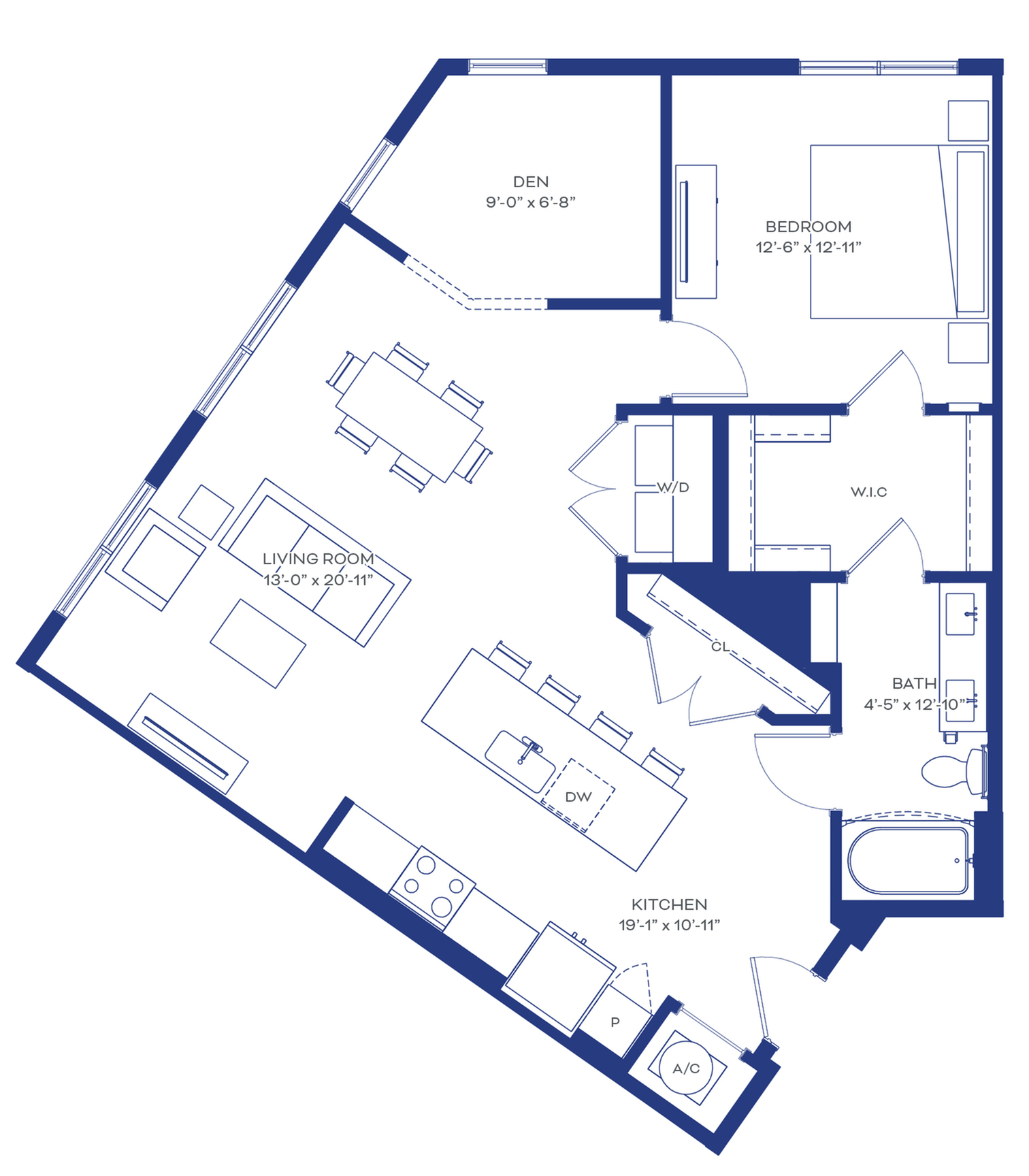 Modern 1-bedroom floor plan with a den, expansive living room, gourmet kitchen, and luxury bath.