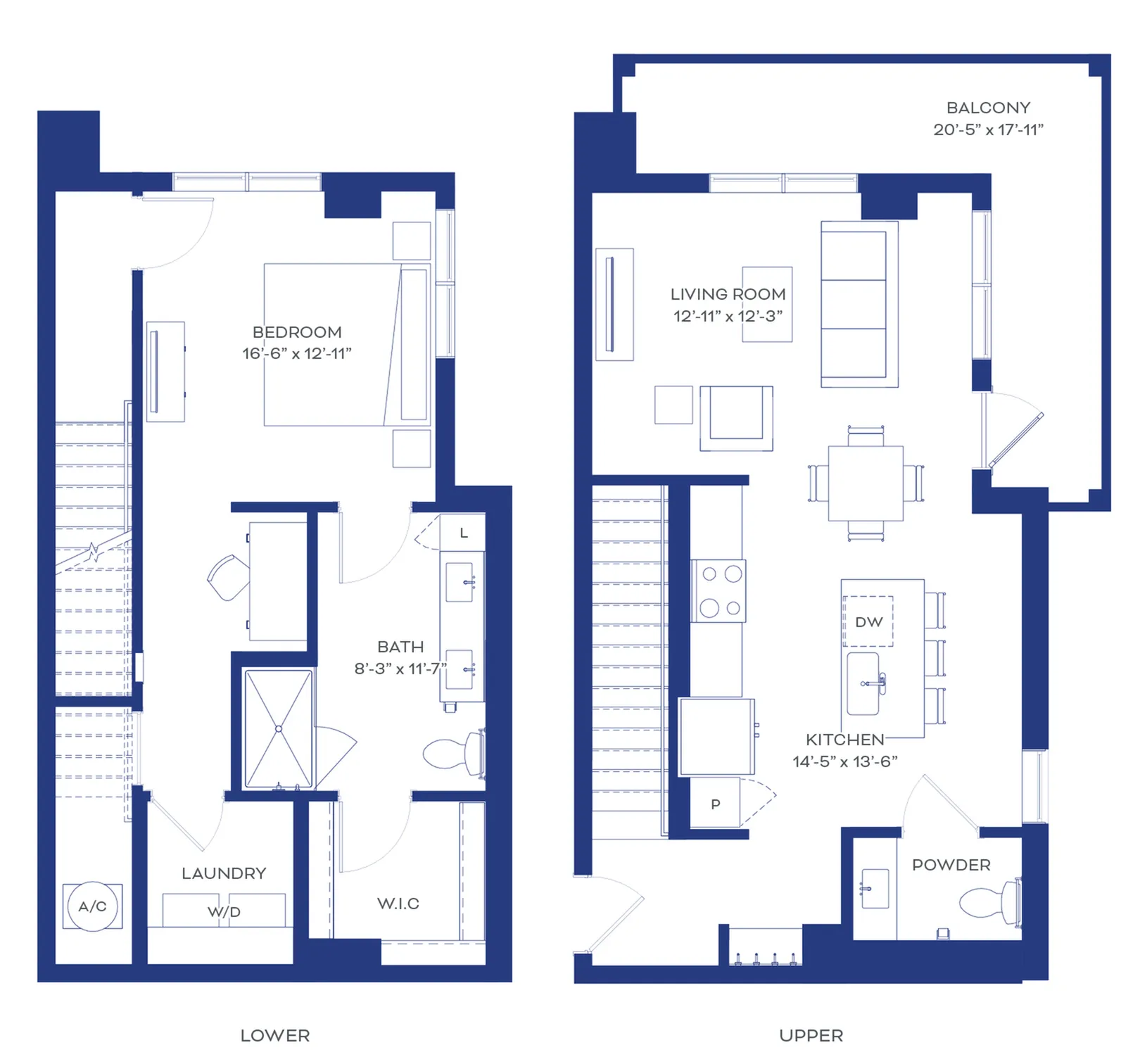 Elegant two-story floor plan showcasing a spacious bedroom, modern kitchen, inviting living room, and expansive balcony. Includes laundry area, bath, and powder room for added convenience.