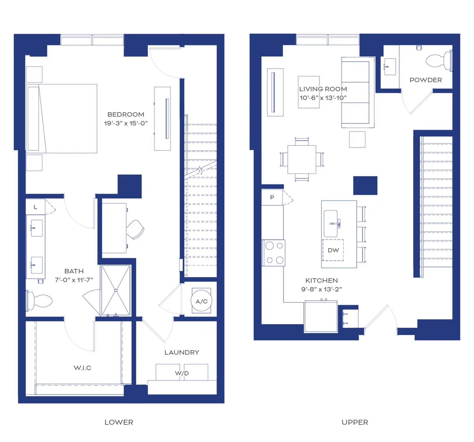 Contemporary two-level floor plan featuring a spacious bedroom and bathroom on the lower level, with an inviting open-concept living room and modern kitchen on the upper level. Includes walk-in closet, laundry area, and powder room for convenience.