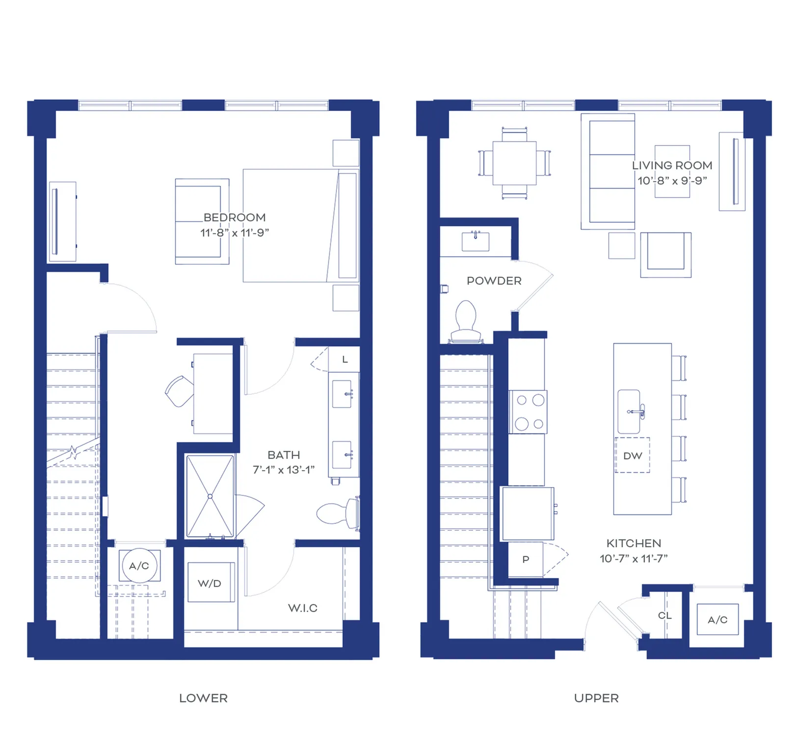 Modern duplex floor plan showcasing a cozy bedroom, spacious kitchen, living room, and powder room on two levels.