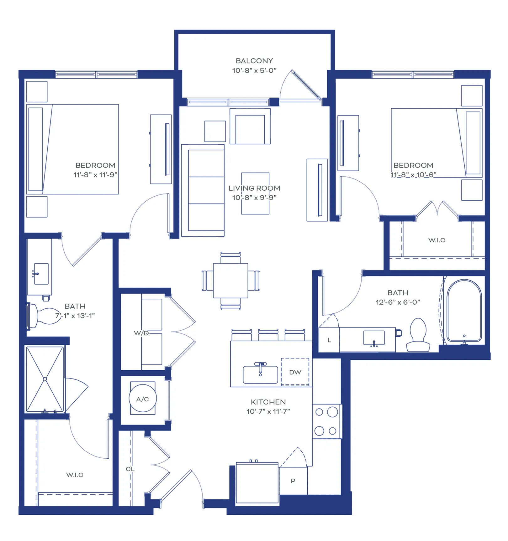 Elegant floor plan showcasing a modern apartment with 2 spacious bedrooms, 2 luxurious bathrooms, an open kitchen, dining area, a cozy living room, and a charming balcony.