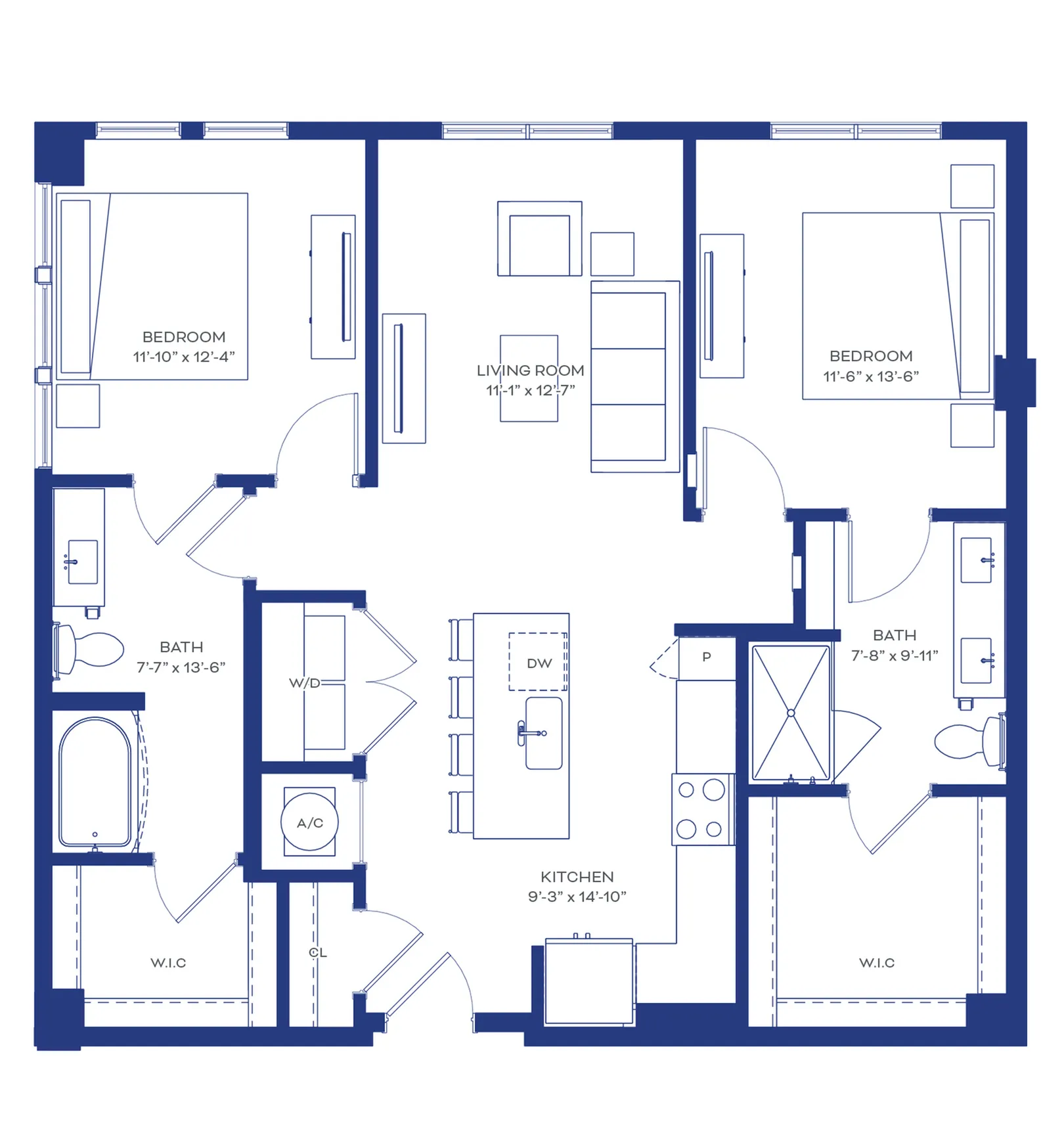Sophisticated floor plan featuring 2 spacious bedrooms, open-concept living room, modern kitchen with island, and 2 luxurious baths.