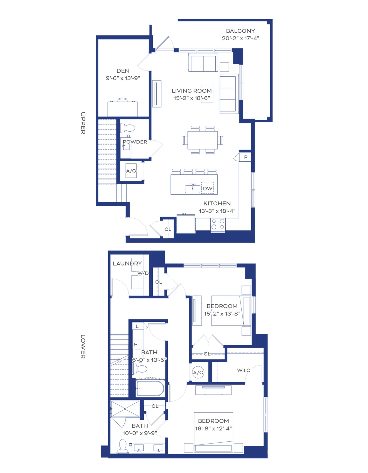 Chic 2-floor apartment floor plan showcasing 2 bedrooms, spacious living room, modern kitchen, and a private balcony.