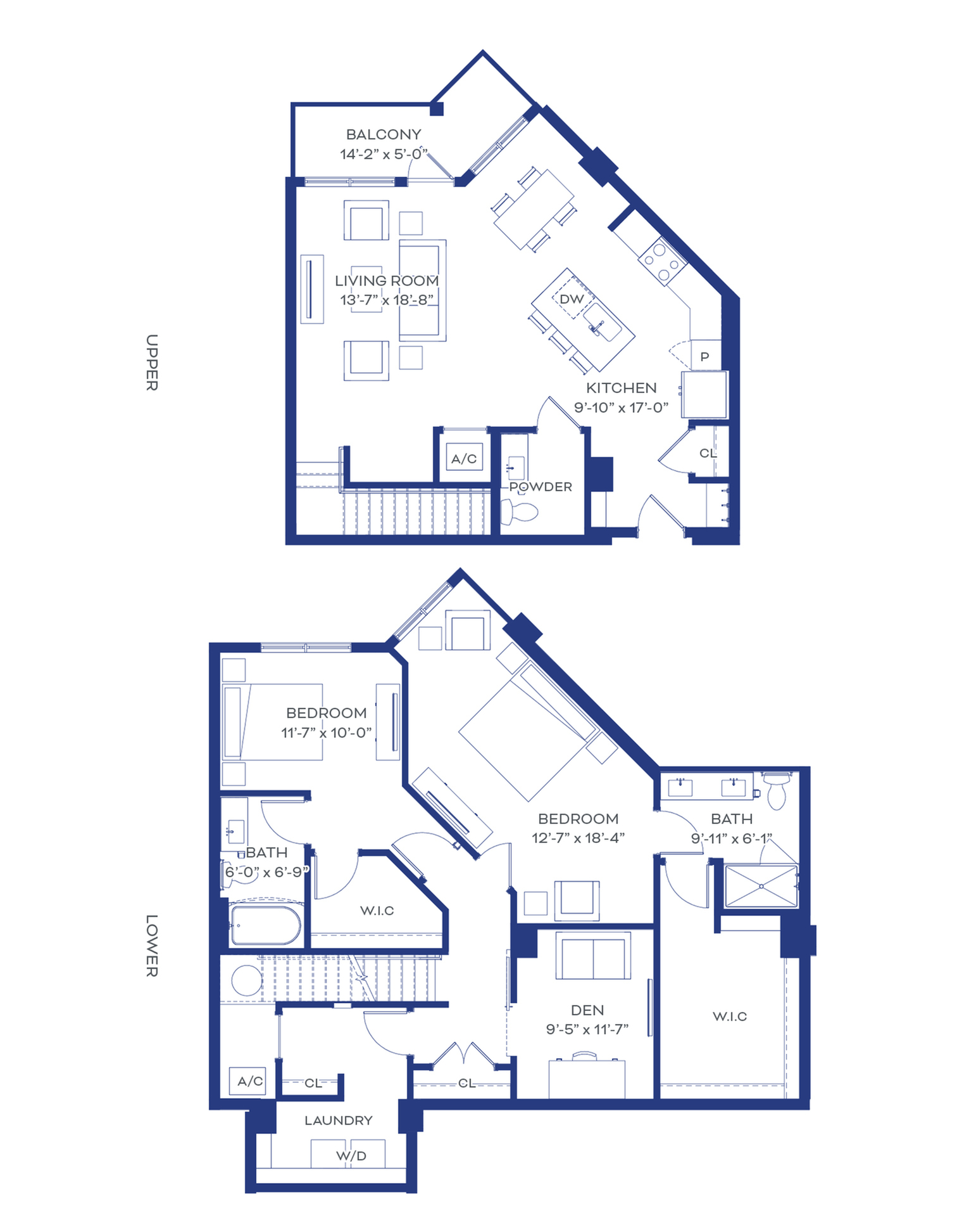 Elegant duplex floor plan featuring two spacious bedrooms, a cozy den, an open-concept kitchen, and a bright living room with balcony access.