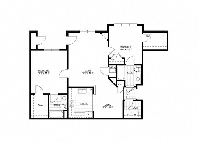 Modern floor plan showcasing 3 bedrooms, an open living area, and a well-equipped kitchen, perfect for comfortable living.